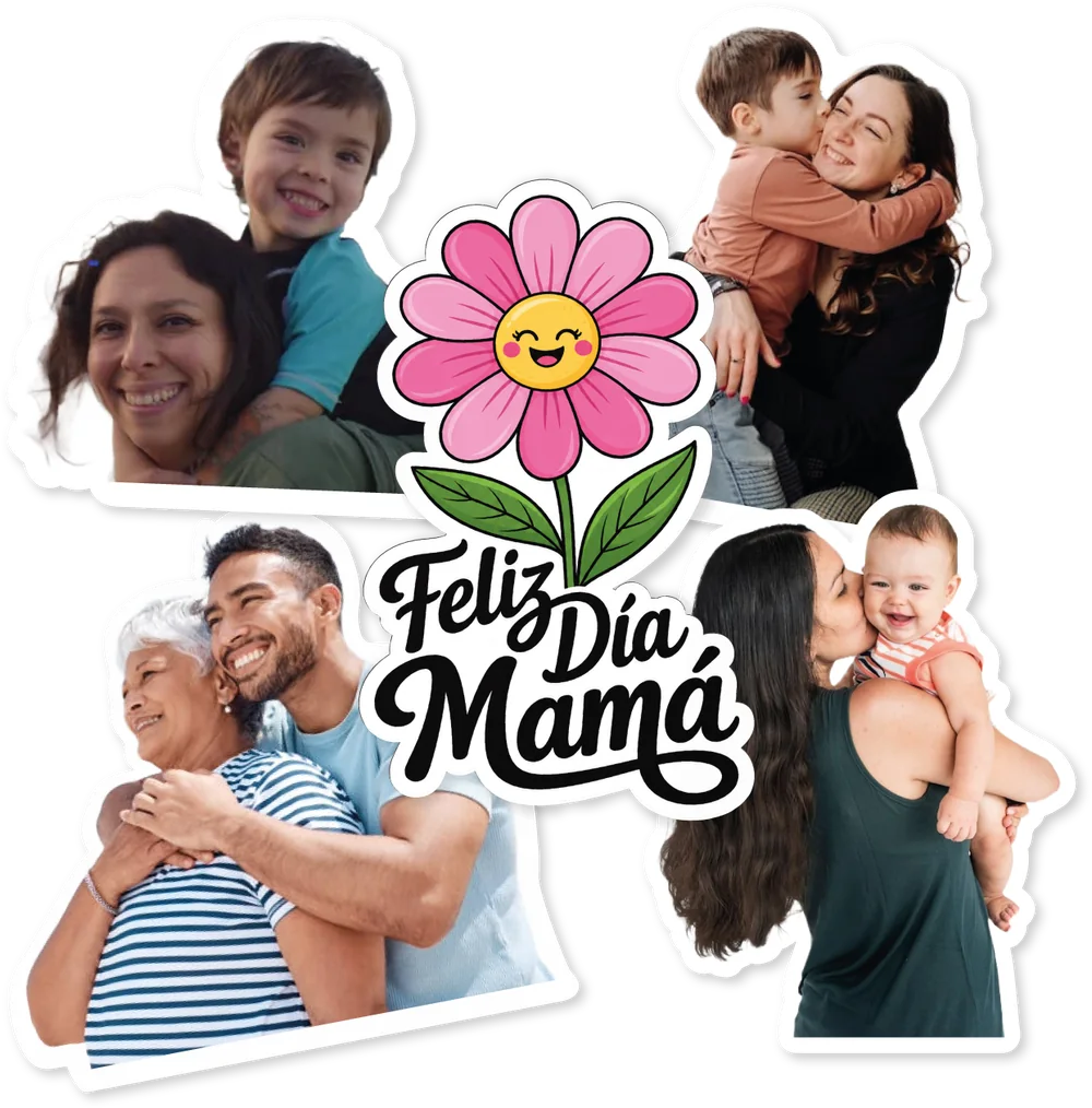 Stickers personalizados con fotos de mamás e hijos y la frase Feliz Día Mamá